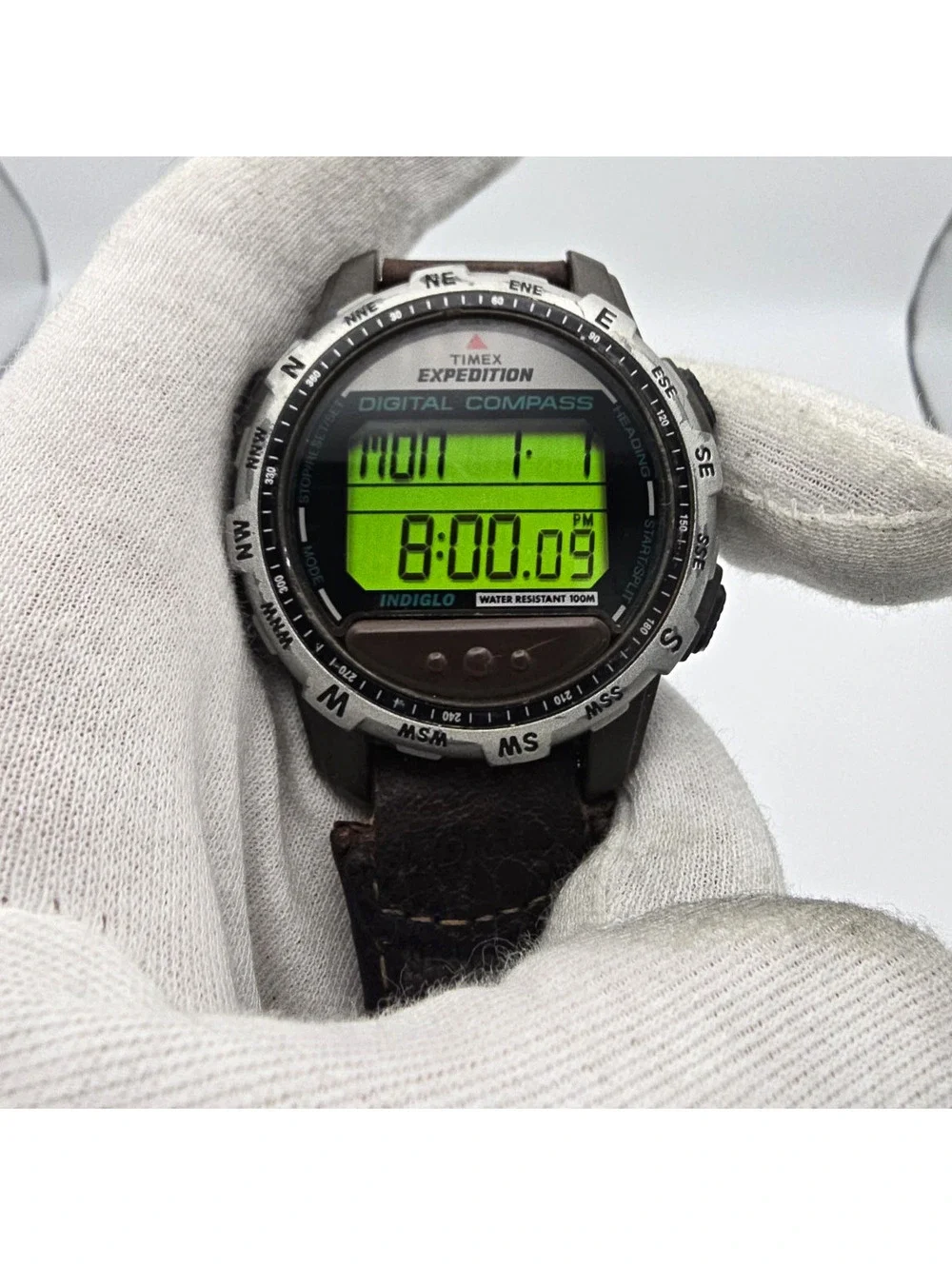 Timex Expedition Quartz Digital Compass Black Case Green Dial Brown Leather